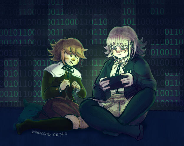 A drawing of Chihiro and Chiaki from Danganronpa playing videogames together, sitting on the floor. The only light comes from the controller Chiaki has in her hands, Chihiro looks at her as she plays.