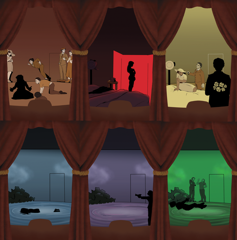 6 illustrations in one, representing the 6 characters from Pirandello's comedy. The illustrations were later used for a pop-up book.