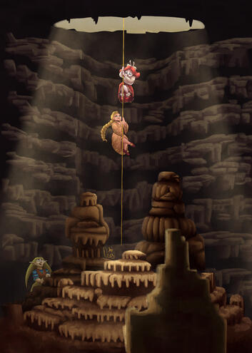 An illustration of Pacchianella and her friend lowering themselves down into a cave- Light shines of them from above. Pacchianella is a carnival mask.