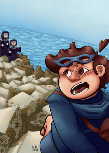 A digital illustration of Varvecole running away from the nuns. Varvecole is a friend of Pacchianella, a carnival mask.