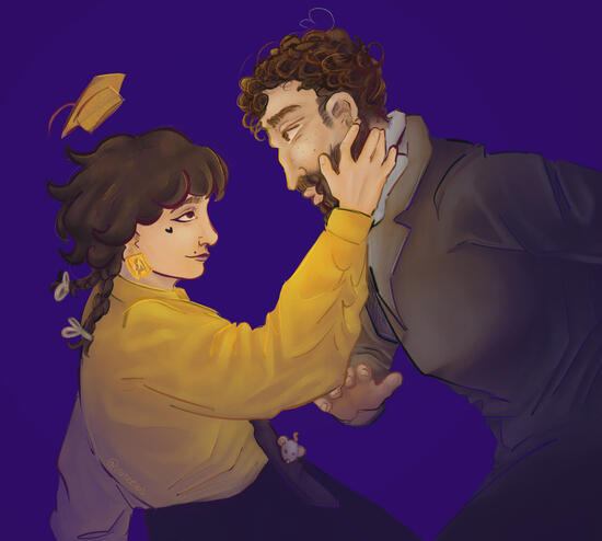 A digital illustration of a couple. One is cupping the other person's cheek as they fall.
