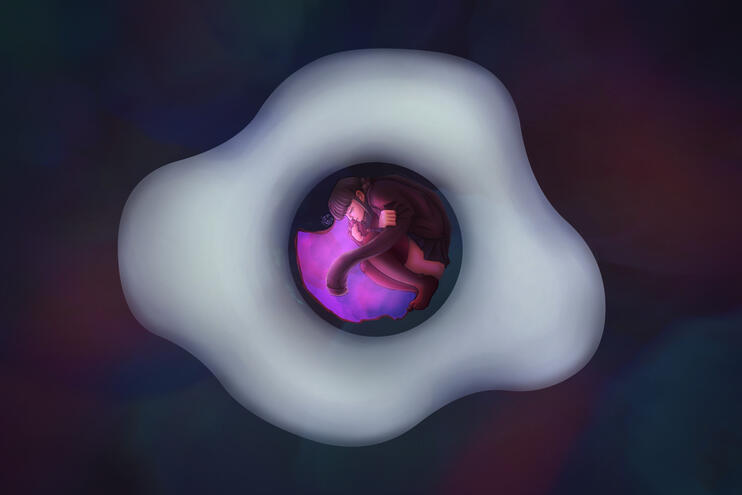 An image of Maki Harukawa from danganronpa v3 hugging herself in an egg, in space, as she wears Kaito's galaxy jacket.
